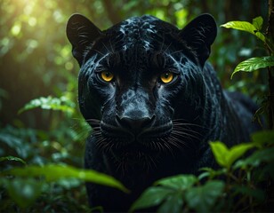 Black panther emerging from shadows in dense jungle, golden eyes glowing, fur textur