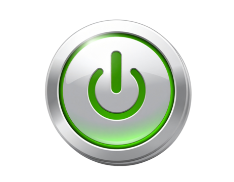 3D Glossy Power Button with Metallic Ring and Glow Effect PNG