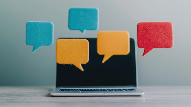 Colorful speech bubbles floating over laptop symbolizing online communication, social media, and virtual discussions