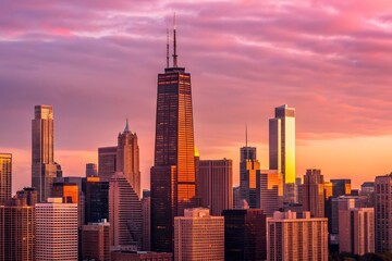Chicago skyline at sunset with pink and purple clouds cityscape skyscrapers