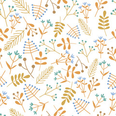 Seamless vector pattern with orange and blue autumn flowers on white bckground
