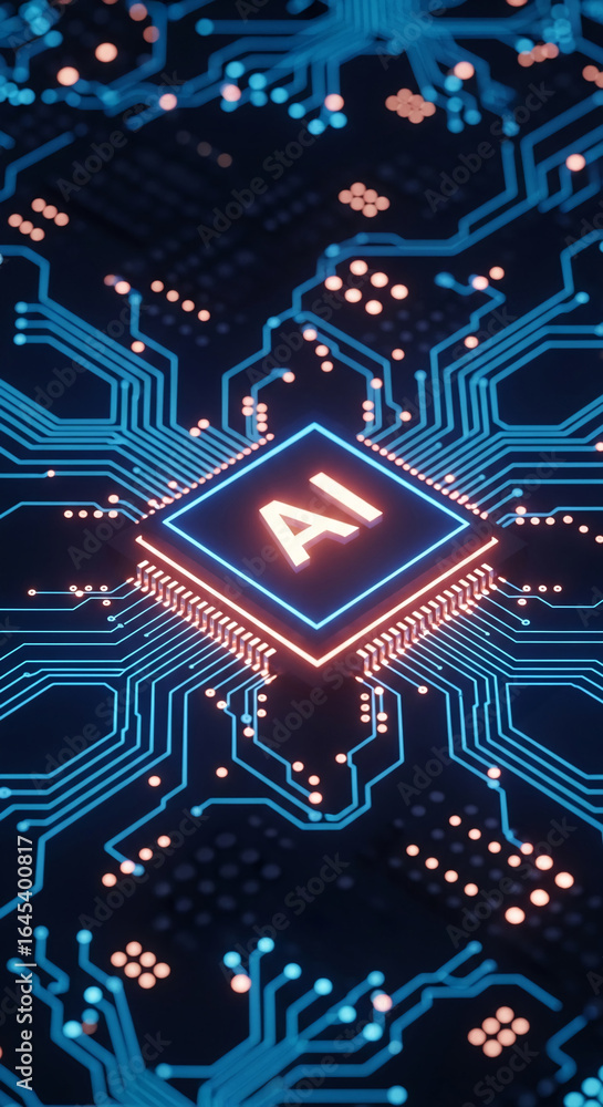 Poster ai chip glowing on circuit board, showcasing technological advancement and artificial intelligence c