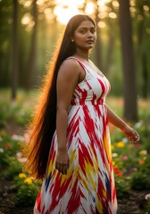 22-Year-Old Woman in Abstract Dress Walking Through Flower Forest