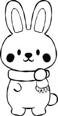 Cute bunny with scarf cartoon style smiling expression simple design black outline adorable character winter theme playful illustration animal art friendly demeanor