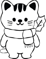 Cute cat with scarf and leaf, showcasing playful and cheerful expression. This adorable character embodies warmth and charm, perfect for seasonal themes