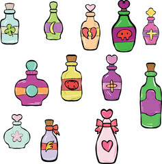 Colorful magic potion bottles set features various whimsical designs, each with unique shapes and vibrant colors, evoking sense of enchantment and creativity