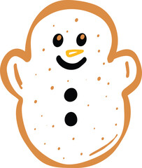 Gingerbread snowman cookie features cheerful design with smiling face, black buttons, and bright orange carrot nose. This festive treat embodies spirit of winter celebrations