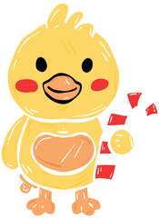 Cute yellow bird holding candy cane, featuring cheerful expression and simple cartoon style. This delightful character embodies festive spirit, perfect for holiday themes