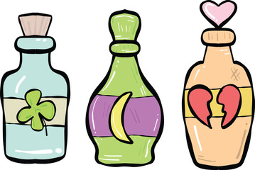 Colorful potion bottles trio set features whimsical designs, including lucky charm, mysterious elixir, and love potion. Perfect for magical themes and creative projects