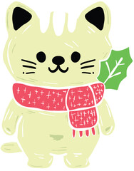 Cute winter kitty with holly scarf, exuding cheerful and festive spirit. This adorable character is perfect for holiday themed designs and illustrations