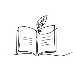 Open Book with Leaf Bookmark One Line Art Illustration Minimalist Design for Education and Literature Concepts