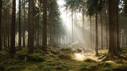 Obraz premium Rays of Sunlight in a Green Forest – Tall Trees, Sunbeams Filtering Through Leaves, Enchanting Serene Landscape with Lush Foliage, Captured in High Resolution