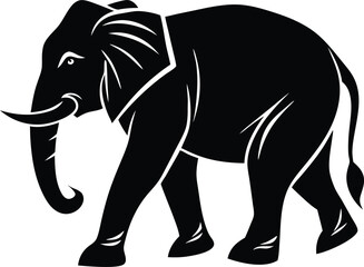 Vector illustration of a walking wild elephant with large tusks, a big trunk, and a white silhouette