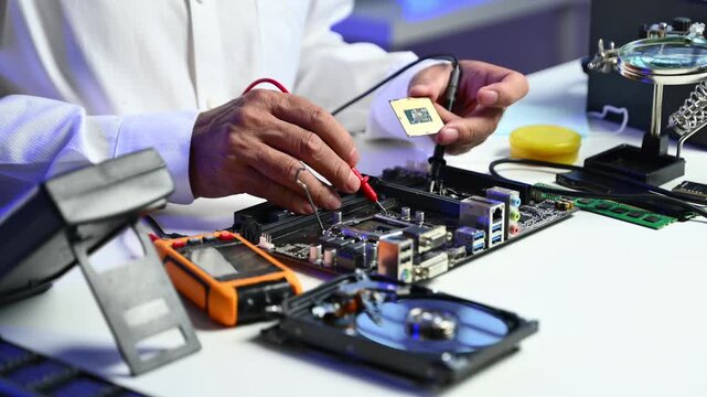 Computer technician in gloves safely repairing desktop hardware. Close-up view of hands fixing GPU and motherboard inside open PC case. Perfect for tech