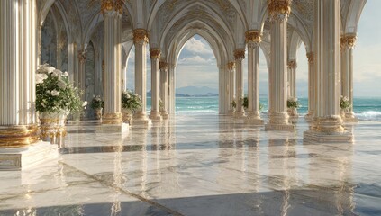 Sunlit marble colonnade overlooking a tranquil ocean;  gold accents, arched ceilings, and lush potted plants adorn this elegant seaside pavilion