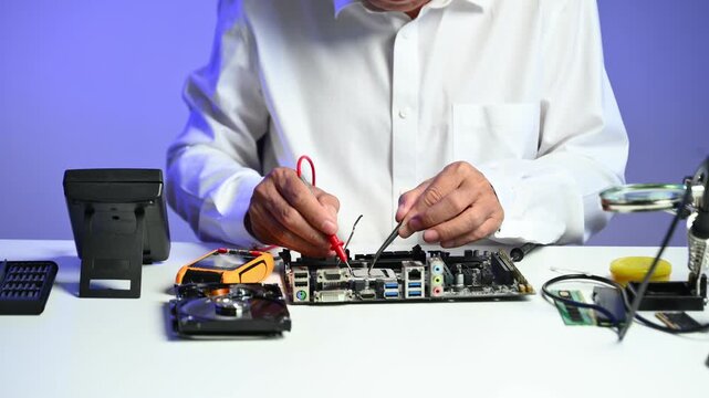 Computer technician in gloves safely repairing desktop hardware. Close-up view of hands fixing GPU and motherboard inside open PC case. Perfect for tech