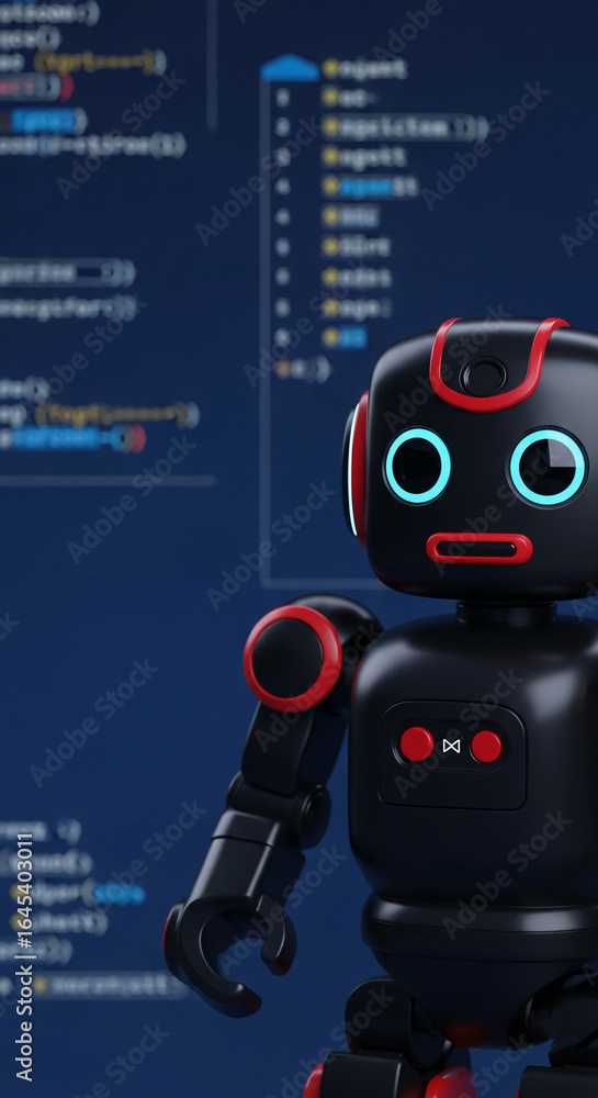 Aufkleber close-up of black robot with red accents, against blurred coding background, showcasing technologica