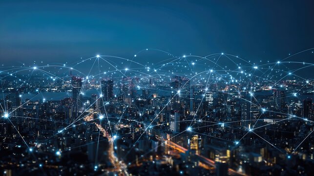 A glowing global network grid overlays a modern cityscape, symbolizing futuristic technology and seamless data exchange.
