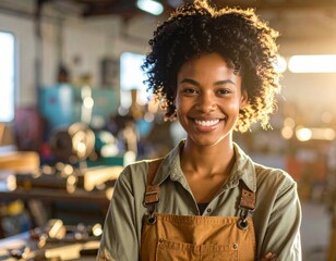 A smiling young Black woman artisan stands confidently with arms crossed in her sunlit workshop.