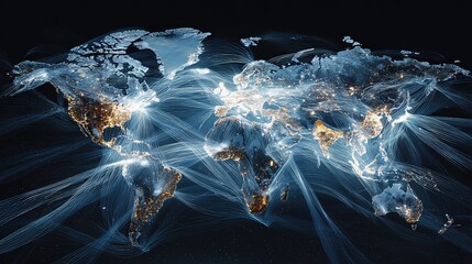 Glowing lines span across a world map, symbolizing global network connections and seamless interconnectivity.
