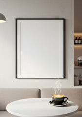 Obraz premium Modern cafe interior with blank poster and steaming cappuccino.