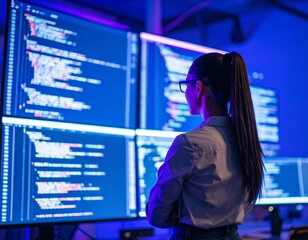 Female programmer reviewing complex code displayed on large monitors in a dark, tech-focused office.