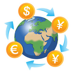 Globe with currency symbols representing global economy and international trade  
