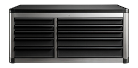 Aluminum tool chest with multiple drawers, suitable for an automotive repair garage.