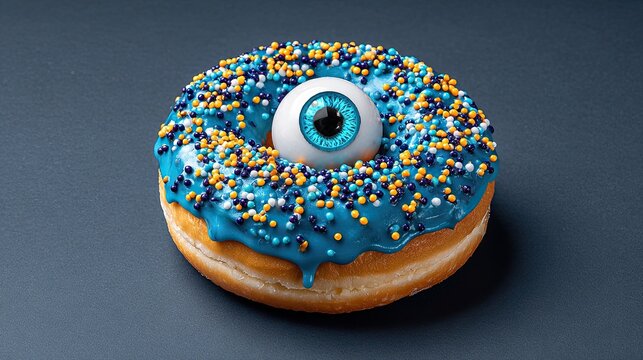 Surreal donut with blue icing colorful sprinkles and realistic eyeball center on dark background