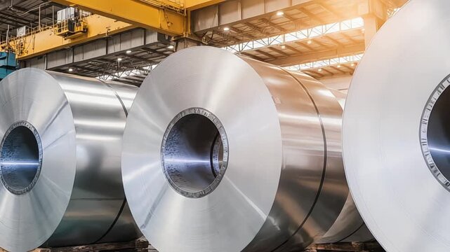 Large rolls of shiny steel sheet metal in an industrial warehouse interior setting