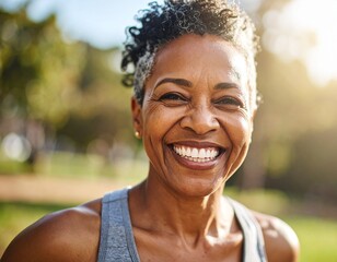 Close-up portrait of a joyful mature Black woman smiling brightly outdoors in a sunlit park setting.