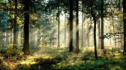 Obraz premium Rays of Sunlight in a Green Forest – Tall Trees, Sunbeams Filtering Through Leaves, Enchanting Serene Landscape with Lush Foliage, Captured in High Resolution