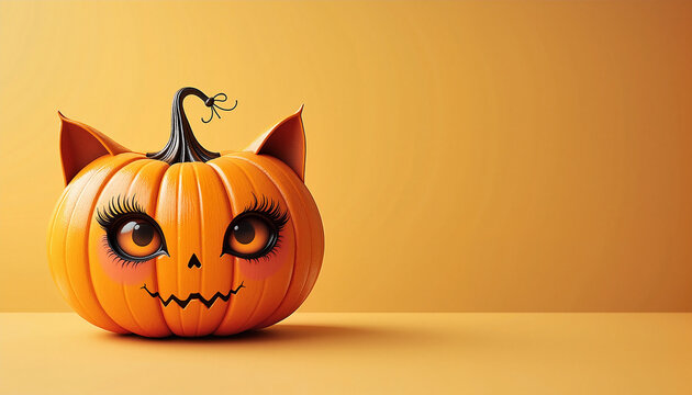 Cute pumpkin with cat ears and big lashes on orange background, with space for text