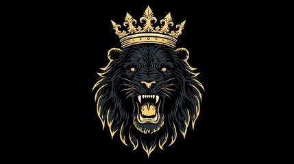 Fototapeta premium Fierce roaring black lion wearing an ornate golden crown symbolizing strength power and leadership on dark background
