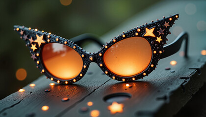 Star decorated sunglasses with orange lenses on wooden surface, with space for text