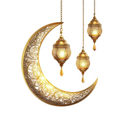 Golden Crescent Moon Lantern Ramadan Islamic Festive Decor, isolated on a transparent background