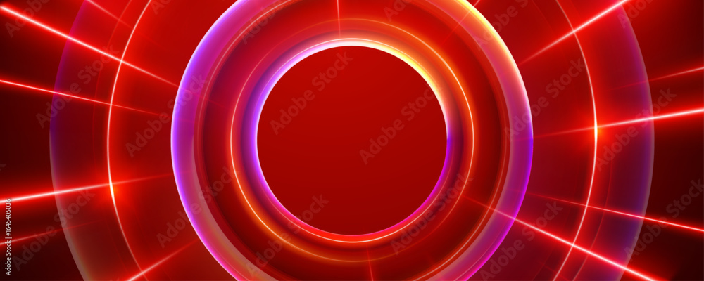 Poster abstract red background with concentric glowing circles and lines
