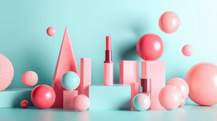 A horizontal cosmetic mockup, centered on a pastel turquoise surface.