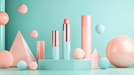 A horizontal cosmetic mockup, centered on a pastel turquoise surface. 