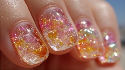 Closeup of Holographic Gel Nails with Pink Orange and Gold Glitter