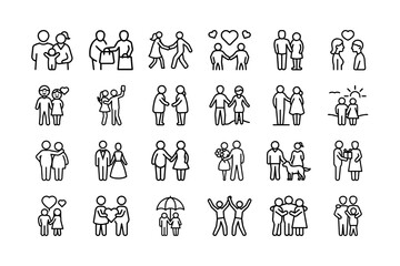 Couple Standing Icon Set. Relationship, family, love, romance, partners, wedding, holding hands, couples in various poses and more. Editable stroke. Vector illustration.