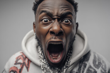 close-up studio shot of a young Black man screaming  showing intense emotions
