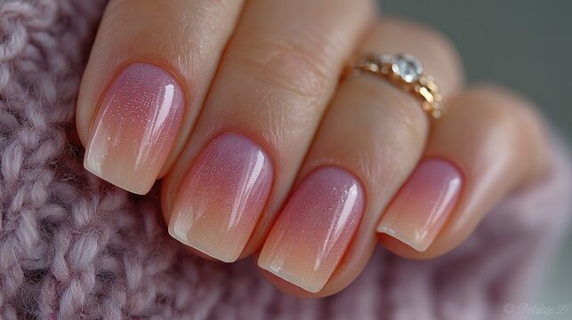Closeup of Peach and Pink Ombre Glitter Nails