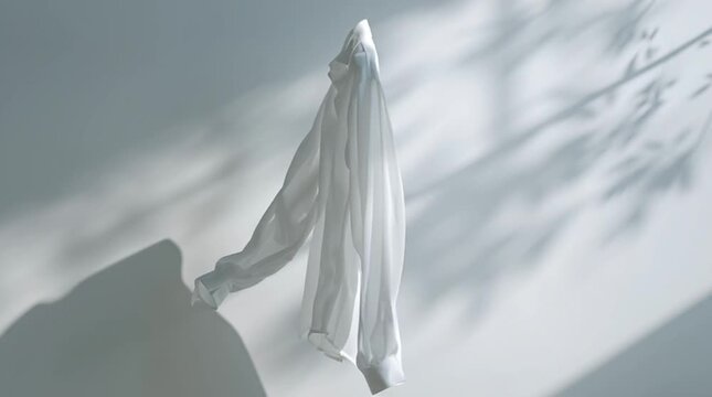 Crisp white chiffon dress shirt floating mid-air against bright airy white studio background with soft sunlight, delicate translucent fabric texture, subtle leaf shadows, ultra realistic cinematic det