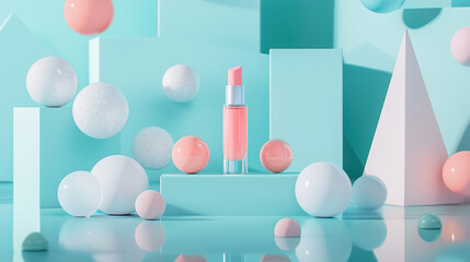 A horizontal cosmetic mockup, centered on a pastel turquoise surface. 