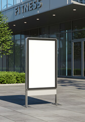 Blank billboard stands outside modern fitness center.