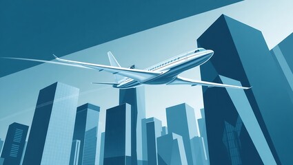 Sleek Private Jet Flying Over Modern Blue Cityscape Illustration.