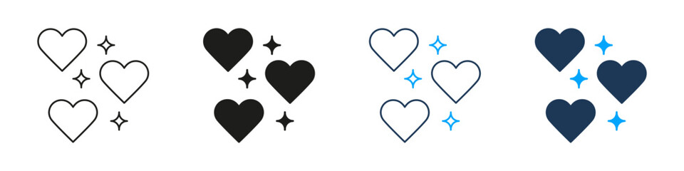 Hearts With Sparkles Line And Solid Icon Set. Love, Romance, And Celebration Symbol Collection. Expressing Affection And Joy. Isolated Vector Illustration