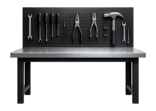 Combined workbench with a perforated back panel and tool hooks for an organized DIY garage.