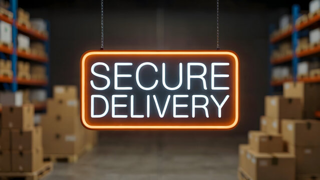 Bright secure delivery sign promises reliability in a modern warehouse environment for e-commerce